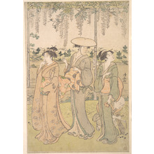 Torii Kiyonaga: Three Women and a Small Boy beneath a Wisteria Arbor on the Bank of a Stream - Metropolitan Museum of Art