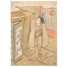 Isoda Koryusai: A Girl Hanging up a Mosquito Net Canopy over Her Bed. - Metropolitan Museum of Art