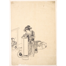 歌川国安: Young Woman Leaning over a Tall Lamp - メトロポリタン美術館