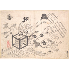 奥村政信: Katsuyama Matagoro as a Yane-chi Seated on a Straw Mat on the Tiled Roof of a House - メトロポリタン美術館