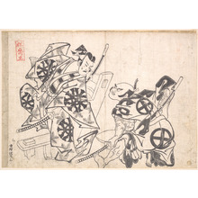 Japanischer Druck "The First Nakamura Denkuro and the First Otani Hiroemon in a Scene from a Soga Play" von Okumura Masanobu, 奥村政信 (Okumura Masanobu (Japanese, 1686–1764))