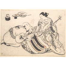 Okumura Masanobu, 奥村政信 (Okumura Masanobu (Japanese, 1686–1764))创作的日本版画《A Man in a Kneeling Posture Bending Forward and Listening to an Oiran who is Playing the Shamisen》