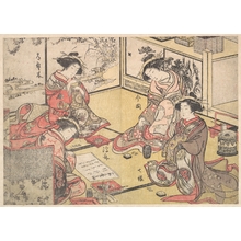 Japanischer Druck "Four Oiran of the House Called Kadokana-ya Playing the Game of Ko-awase (Incense Game)" von Katsukawa Shunsho, 勝川春章 (Katsukawa Shunshô (Japanese, 1726–1792))