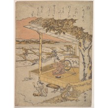 勝川春章: Woman on Veranda, Spinning; another Pounding Cloth on Rock in Foreground - メトロポリタン美術館