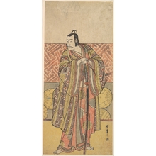 勝川春章: Ichikawa Danjuro V as Kudo Suketsune, Richly Attired, Leaning on His Sword - メトロポリタン美術館