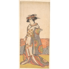 勝川春章: The Third Segawa Kikunojo as a Woman Standing in a Room Having a Wave-pattern Dado - メトロポリタン美術館