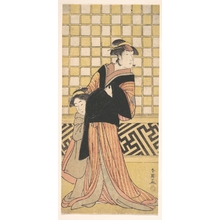 勝川春英: Wakayama Tomisaburo as a Woman in a Yellow and Red-Brown Striped Kimono - メトロポリタン美術館