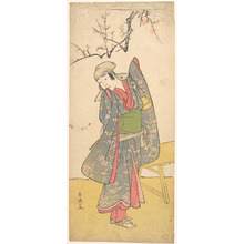 勝川春英: The Fourth Iwai Hanshiro as a Young Girl Standing by a Wooden Bench - メトロポリタン美術館