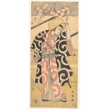 勝川春英: The Second Ichikawa Monnosuke as a Samurai Standing by a Wooden Bench - メトロポリタン美術館