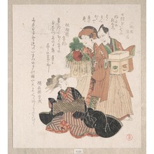 Utagawa Toyokuni I: Actor Nakamura Utayemon with Two Women Preparing for the New Year Ceremony - Metropolitan Museum of Art