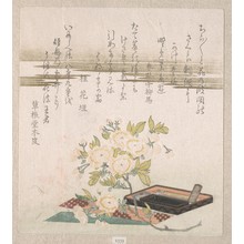 Unknown: Branch with Cherry Flowers, Writing Box and Sheet of Paper for Poem Writing (Tanzaku) - Metropolitan Museum of Art