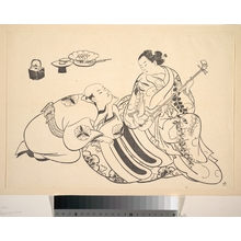 Okumura Masanobu, 奥村政信 (Okumura Masanobu (Japanese, 1686–1764))创作的日本版画《An Oiran Playing the Shamisen to a Young Man Kneeling by Her Side in Rapt Attention》