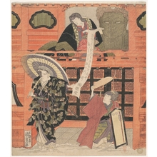 Japanischer Druck "Ichikawa Danjuro VII as Konoshita Tokichi, Nakamura Daikichi as His Wife, and Iwai Hanshiro V as Masago in the Play Yakko Yakko Edo no Hanayari" von Utagawa Kunisada, 歌川国貞 (Utagawa Kunisada (Japanese, 1786–1864))