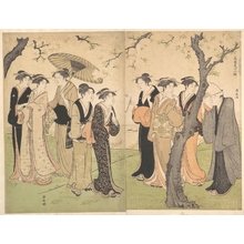 鳥居清長: Group of Six Geisha Under the Cherry Trees on Gotenyama - メトロポリタン美術館