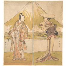 勝川春章: The Actor Bando Mitsugoro as a Man in Sumptuous Raiment, Standing in a Field, Mount Fuji in the Background - メトロポリタン美術館