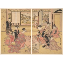 歌川豊国: Two Young Women Playing a Game of Sugoroku - メトロポリタン美術館