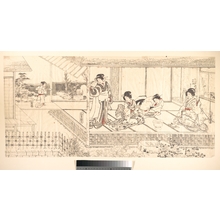 歌川国貞: Two Court Ladies (Goten Jochu) and a Geisha at a Restaurant - メトロポリタン美術館