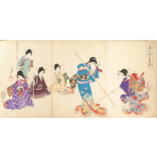 豊原周延: Ladies in Waiting of the Chiyoda Castle: Sword Practice and Puppet Kyôgen - メトロポリタン美術館