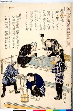 Utagawa Kuniteru: 「衣喰住之内家職幼絵解之図」 「第六 大工の水もり台 第七 石工」 - Tokyo Metro Library 