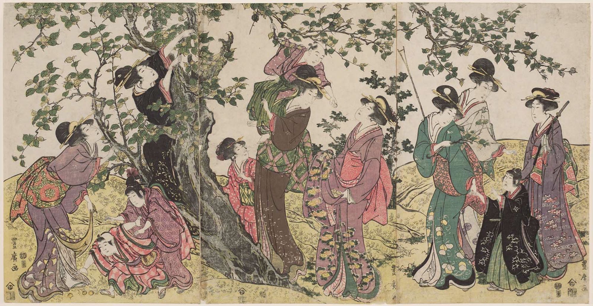 Utagawa Toyohiro: Women and Children Gathering Fruit from a Tree