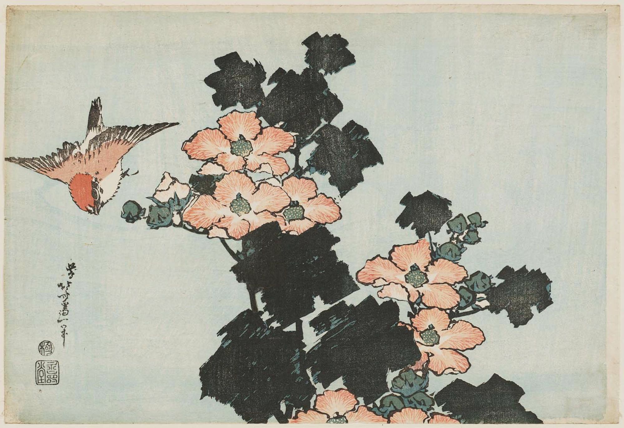 葛飾北斎: Hibiscus and Sparrow, from an untitled series known as 