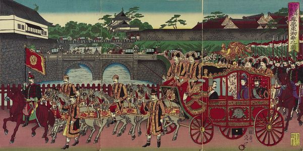 Watanabe Nobukazu: The Phoenix Carriage Leaving Nishi-no-maru of the Imperial Palace to Attend a Military Review at Aoyama (Nishinomaru kokyo yori Aoyama... miyuki no zu) - Museum of Fine Arts