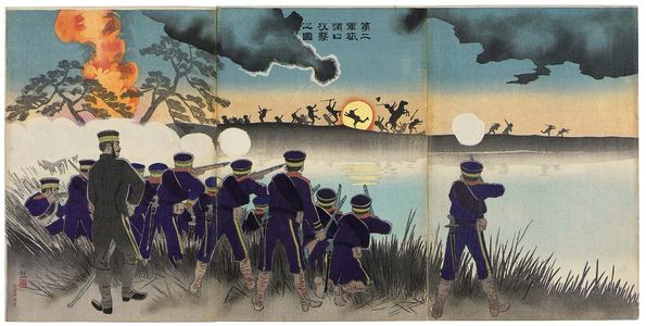 小林清親: Illustration of the Second Army's Assault on Port Arthur (Dainigun Ryojunkô kôgeki no zu) - ボストン美術館