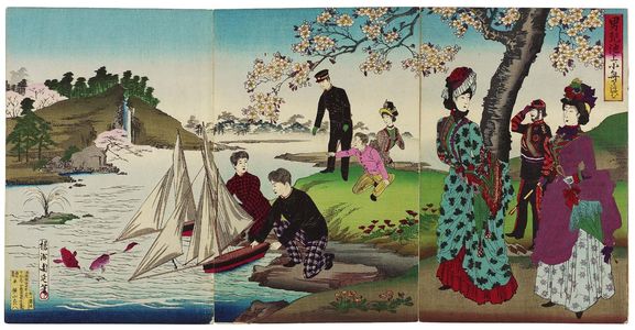 Toyohara Chikanobu: Boys Sailing Model Boats on a Pond (Danji chijô kobune o ukasu) - Museum of Fine Arts