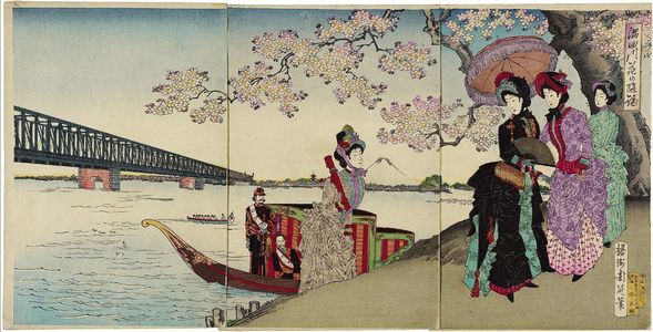 Toyohara Chikanobu: Excursion to View Cherry Blossoms by the Sumida River (Sumidagawa hana no yûran) - Museum of Fine Arts
