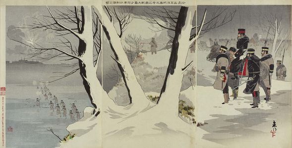 Taguchi Beisaku: Illustration of the Invasion of China During Which Our Troops Fought Fiercely in Ice and Snow at Haicheng and Major-General Ôshima Bravely Faced the Enemy (Sei Shin gigun Kaijô seppyôchû no gekisen Ôshima shôshô yûsô taiteki no zu) - ボストン美術館
