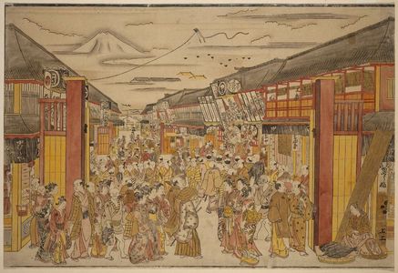 Okumura Masanobu: Large Perspective Picture of the Kabuki Theater District in Sakai-chô and Fukiya-chô - Museum of Fine Arts
