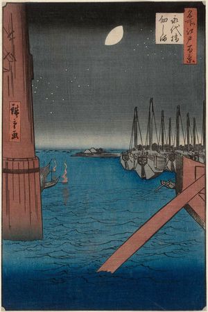 歌川広重: Tsukudajima from Eitai Bridge (Eitaibashi Tsukudajima), from the series One Hundred Famous Views of Edo (Meisho Edo hyakkei) - ボストン美術館