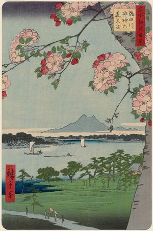 歌川広重: Suijin Shrine and Massaki on the Sumida River (Sumidagawa Suijin no mori Massaki), from the series One Hundred Famous Views of Edo (Meisho Edo hyakkei) - ボストン美術館