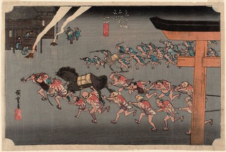 Utagawa Hiroshige: Miya: Festival of the Atsuta Shrine (Miya, Atsuta shinji), from the series Fifty-three Stations of the Tôkaidô Road (Tôkaidô gojûsan tsugi no uchi), also known as the First Tôkaidô or Great Tôkaidô - Museum of Fine Arts