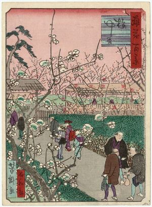 Utagawa Yoshitaki: Flowering Plum Garden (Ume-yashiki), from the series One Hundred Views of Osaka (Naniwa hyakkei) - Museum of Fine Arts