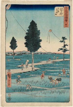 Utagawa Hiroshige: No. 28, Fukuroi: Famous Tôtômi Kites (Fukuroi, meibutsu Enshû tako), from the series Famous Sights of the Fifty-three Stations (Gojûsan tsugi meisho zue), also known as the Vertical Tôkaidô - Museum of Fine Arts