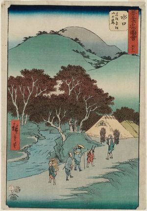 歌川広重: No. 51, Minakuchi: Famous Pine Trees at the Foot of Mt. Hiramatsu (Minakuchi, meishô Hiramatsu yama no fumoto), from the series Famous Sights of the Fifty-three Stations (Gojûsan tsugi meisho zue), also known as the Vertical Tôkaidô - ボストン美術館