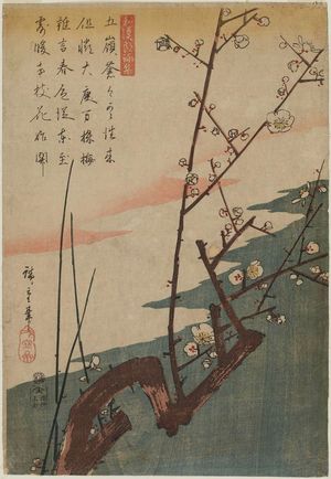 歌川広重: Blossoming Plum, from the series Japanese and Chinese Poems for Recitation (Wakan rôeishû) - ボストン美術館