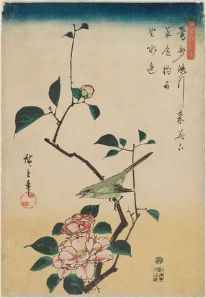歌川広重: Warbler and Camellia, from the series Japanese and Chinese Poems for Recitation (Wakan rôeishû) - ボストン美術館