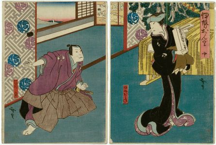 歌川広貞: Actors Kataoka Gadô II as Aunt (Oba) Omie (R) and Jitsukawa Enzaburô I as Fukuoka Mitsugi (L), from the middle act of Iseondo - ボストン美術館