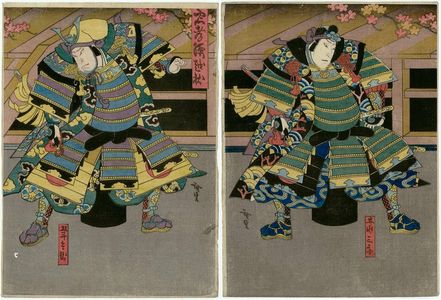 Utagawa Hirosada, 歌川広貞 (Gosôtei Hirosada)による浮世絵「Actors in Chûkô Koshigoejô, from right: Nakamura Utaemon IV as Gotobei, Nakamura Tamashichi I as the Maiden (Musume) Tokujo, Nakamura Karoku I as the Wife (Nyôbô) Sekinoto, and Mimasu Daigorô IV as Izumi no Saburô」