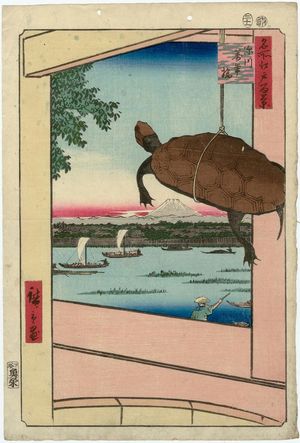 歌川広重: Mannen Bridge, Fukagawa (Fukagawa Mannenbashi), from the series One Hundred Famous Views of Edo (Meisho Edo hyakkei) - ボストン美術館