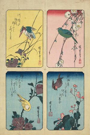 Utagawa Hiroshige: Four Bird-and-Flower Prints: Japanese White-eye and Weeping Cherry (upper right), Kingfisher and Bellflower (upper left), Sparrow and Begonia (lower right), Yellow Bird and Hibiscus (lower left) - Museum of Fine Arts