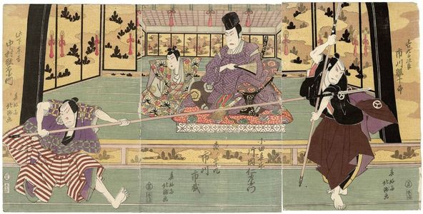 Shunkosai Hokushu: Actors Ichikawa Ebijûrô I as Yamaguchi Kurôjirô (R), Kataoka Nizaemon VII as Oda Harunaga and Ichikawa Ichizô II as Mori no Ranmaru (C), and Nakamura Utaemon III as Konoshita Tôkichi (L) - Museum of Fine Arts