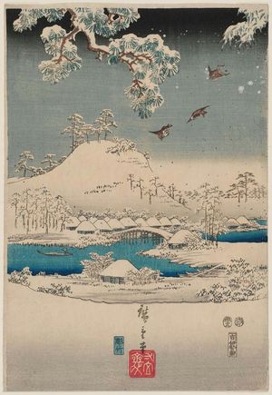 Japanischer Druck "Snow View (Yuki no nagame), center sheet of a triptych from the series Fashionable Genji (Fûryû Genji)" von Utagawa Hiroshige, 歌川広重 (Utagawa Hiroshige I)