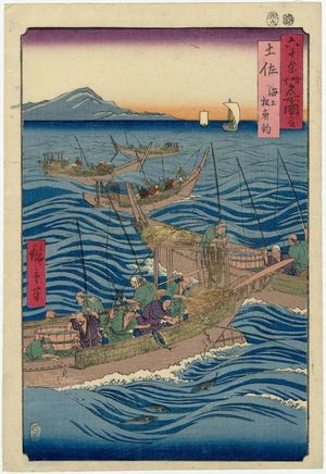 Utagawa Hiroshige: Tosa Province: Bonito Fishing at Sea (Tosa, Kaijô katsuo tsuri), from the series Famous Places in the Sixty-odd Provinces [of Japan] ([Dai Nihon] Rokujûyoshû meisho zue) - Museum of Fine Arts