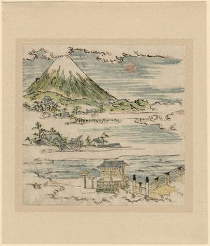 Tsukioka Settei: Mt. Fuji above temple buildings and bridge in clouds - Museum of Fine Arts