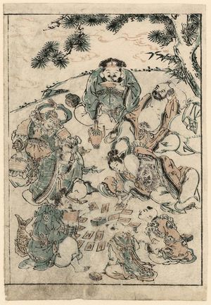 Tsukioka Settei: The Seven Gods and two children, playing cards - Museum of Fine Arts