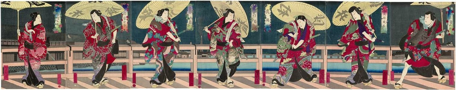 Utagawa Yoshitaki: Seven actors in The Shout of Victory, a New Play at the Matsushima Theater (Kachidoki Matsushima shinbutai) - Museum of Fine Arts