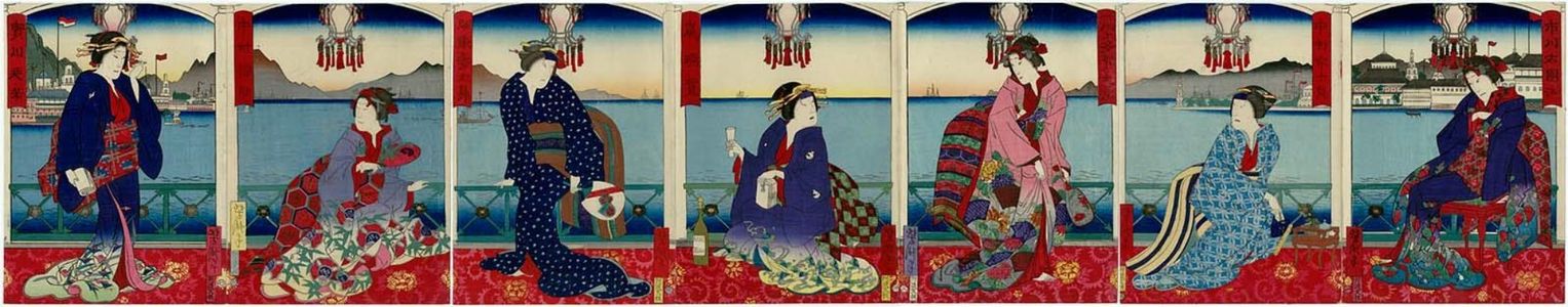 Utagawa Yoshitaki: Seven actors of the Matsushima Theater in female costume, in a Western-style building with a harbor view - Museum of Fine Arts